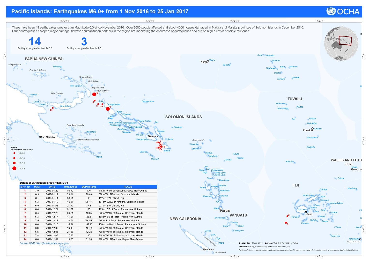 Map of recent Pacific Island earthquakes